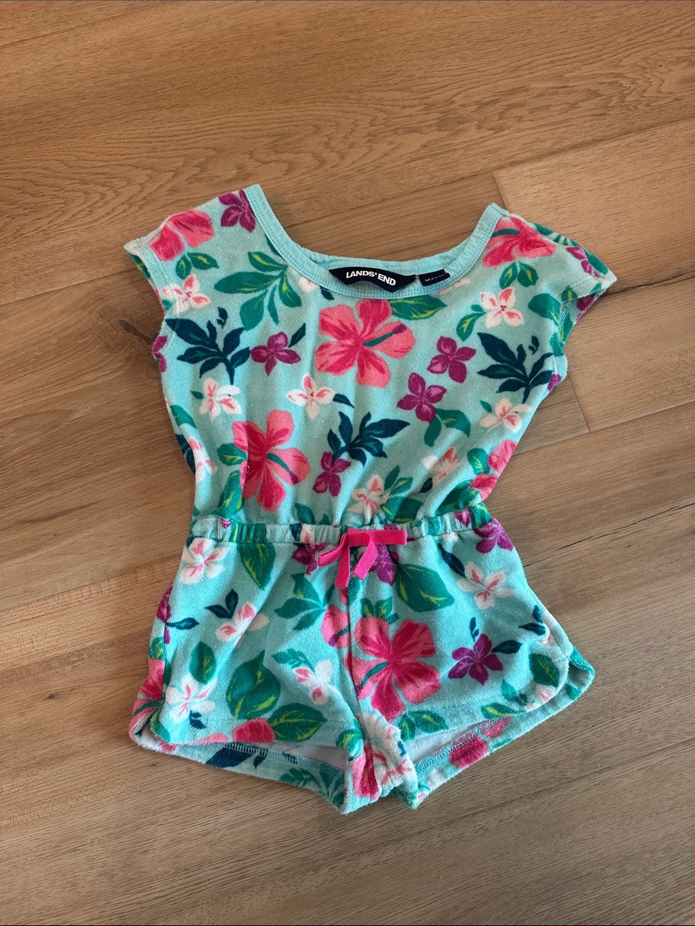 Lands' End Aqua Floral Terry Playsuit with Pink Tie